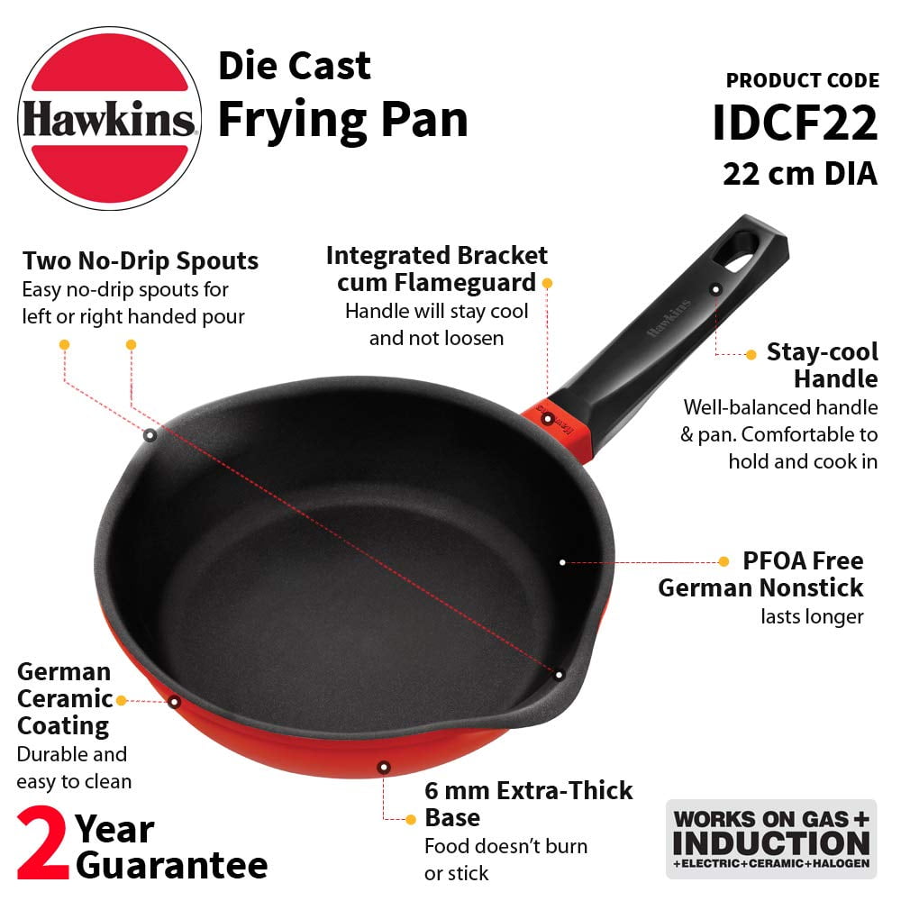 Red Aluminium Frying Pan 22 Cm | Die Cast Non Stick Fry Pan, Ceramic Coated Pan, Induction Frying Pan, Small Frying Pan (IDCF22)