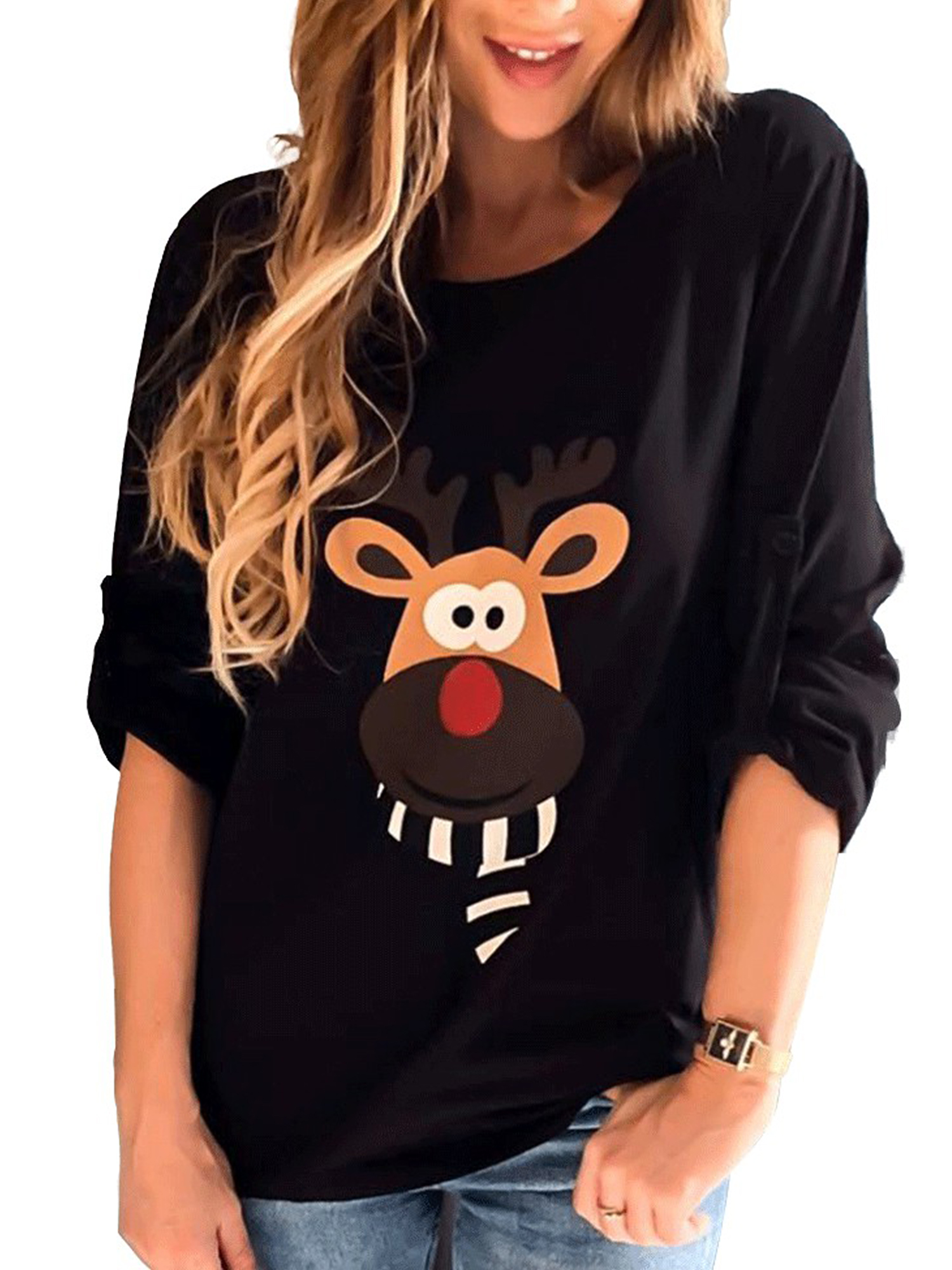 Women Casual Loose Long Sleeve Tops T Shirts Autumn Winter Plain Round Neck  T-shirt Ladies Christmas Baggy Shirt Tops Pullover Tee - Walmart.com