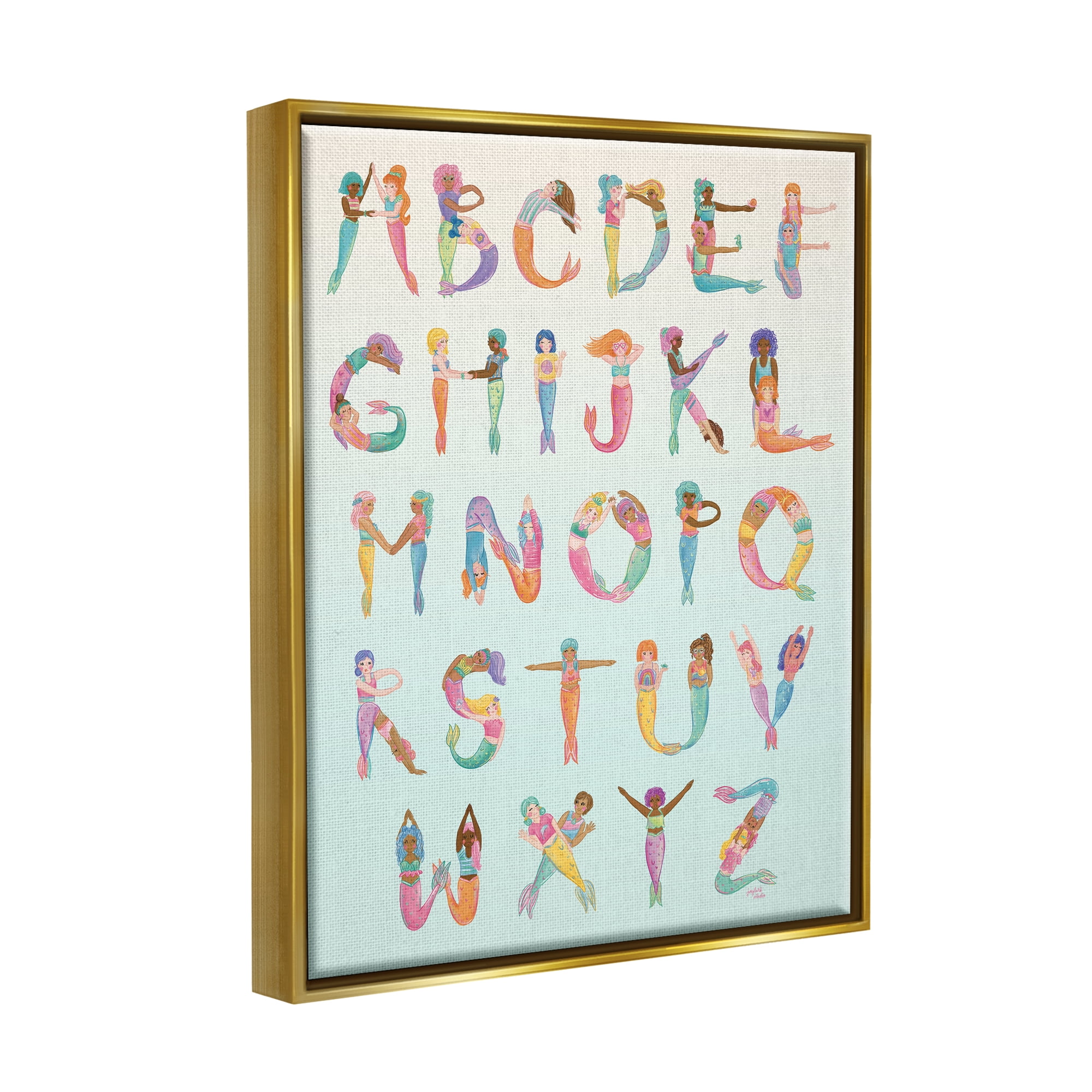 Stupell Industries Mermaid Alphabet Letters Typography Painting Gold Floater Framed Art Print Wall Art, 25 x 31