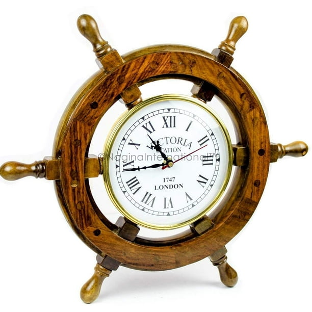 Maritime Mastery The 18Inch Wooden Ship Wheel Clock with White Roman