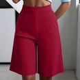 thumbnail image 2 of Rggeeun Women'S Shorts Solid Color Knee Length Elastic High Waist Wide Leg Loose Fit With Front Seam & Pleated For Holiday Beach Classic Bottoms,Red,S, 2 of 8