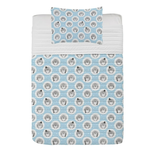 Circles Microfiber Bedspread Set, Repeating Animal Pattern of Watercolor Mister Hedgehog on Polka Dots, Soft Bedding Set with Pillow Shams & Comforter, 3 Sizes, Baby Blue Grey and White, by Ambesonne