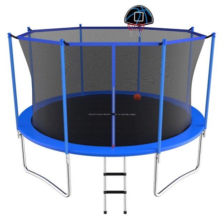 ACWARM HOME 10FT Outdoor Trampolines with Safety Enclosure and Basketball Hoop, Blue Trampoline with Net for Kids