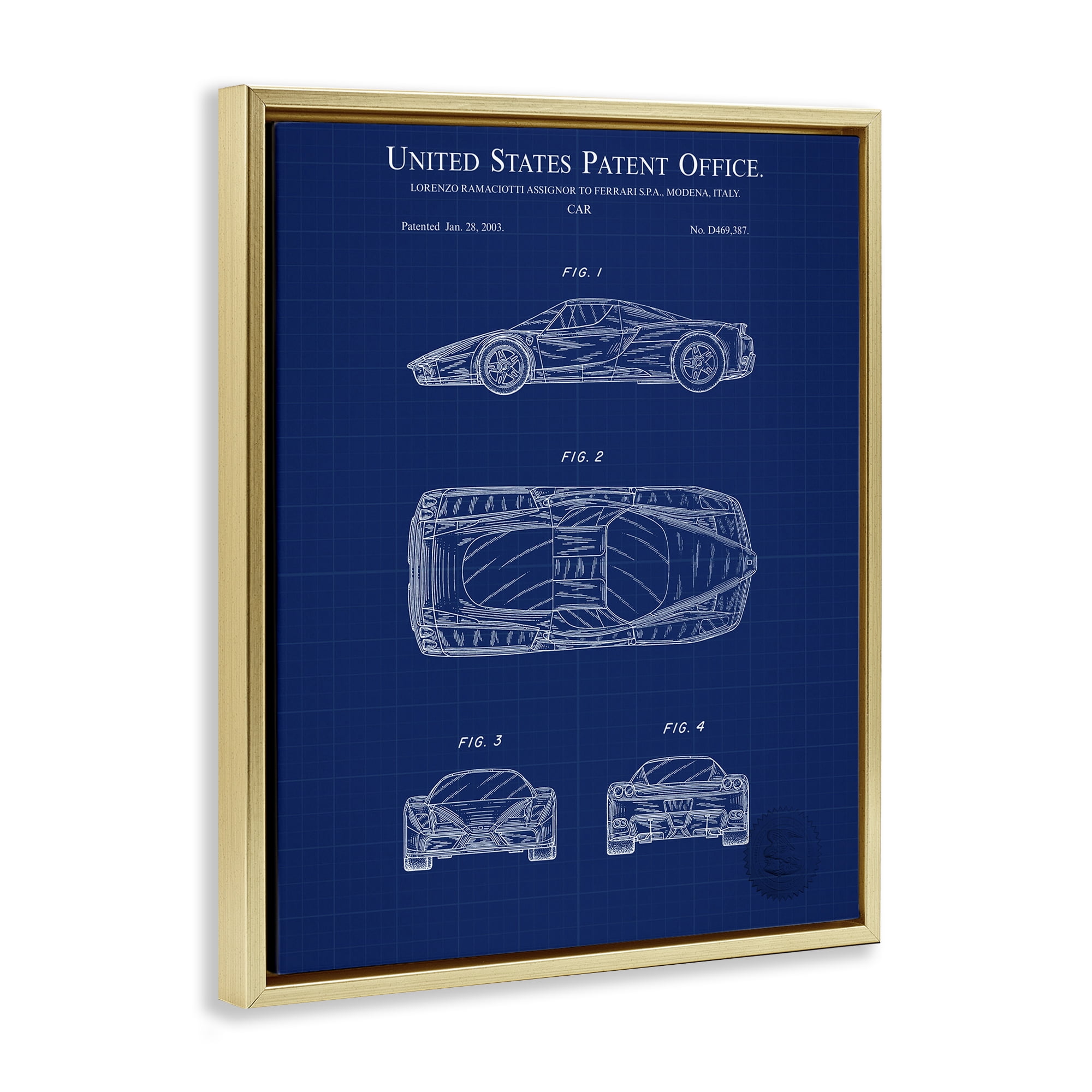 Stupell Industries Detailed Car Blueprint Transportation Painting Gold Floater Framed Art Print Wall Art, 25 x 31