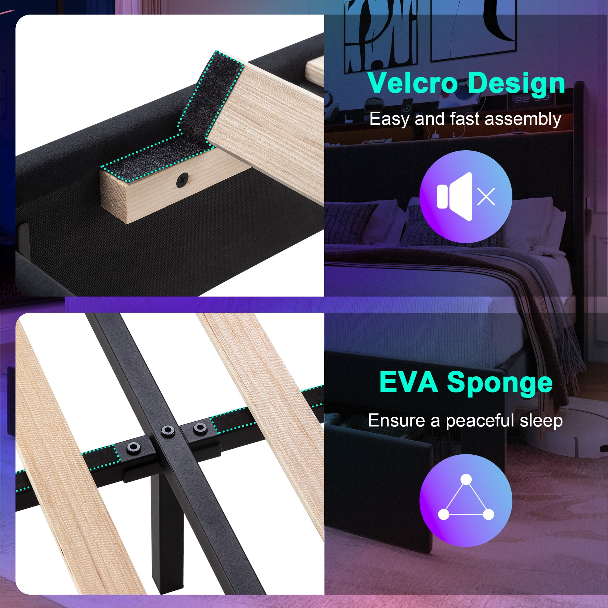 Amolife Queen Size Platform Bed Frame with 2-Tier LED Storage Velvet Wingback Headboard & 2 Storage Drawers, USB & Type-C Charging Ports, Black