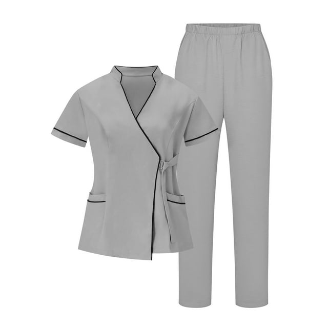 RXMEKW V-Neck Tunic And Pants Set For Women, 95% Polyester 5% Spandex, Short Sleeve Scrub Set