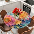 thumbnail image 2 of Round Table Cover 55-60 Inch Pink Yellow Spring Floral Waterproof Reusable Table Cloth Round Fitted Vinyl Tablecloth with Elastic Edged for Parties Outdoors, Summer Flowers Dragonfly Watercolor, 2 of 9