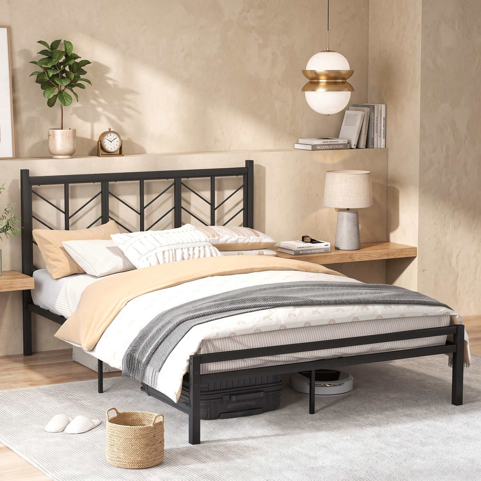 Furnibear Queen Bed Frame, Metal Platform Bed Frame with Chevron Branch Headboard, Queen Bed Frame with Slatted Support, No Box Spring, Black