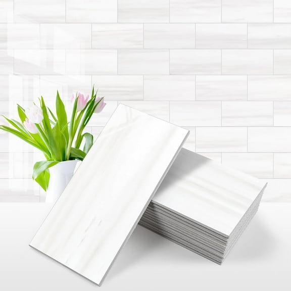 100-Piece Glossy Dolomite White Peel and Stick Backsplash Tile,3''x6'' PVC Subway Tile with White Grout, Stick on Backsplash for Kitchen/Bathroom/Fireplace