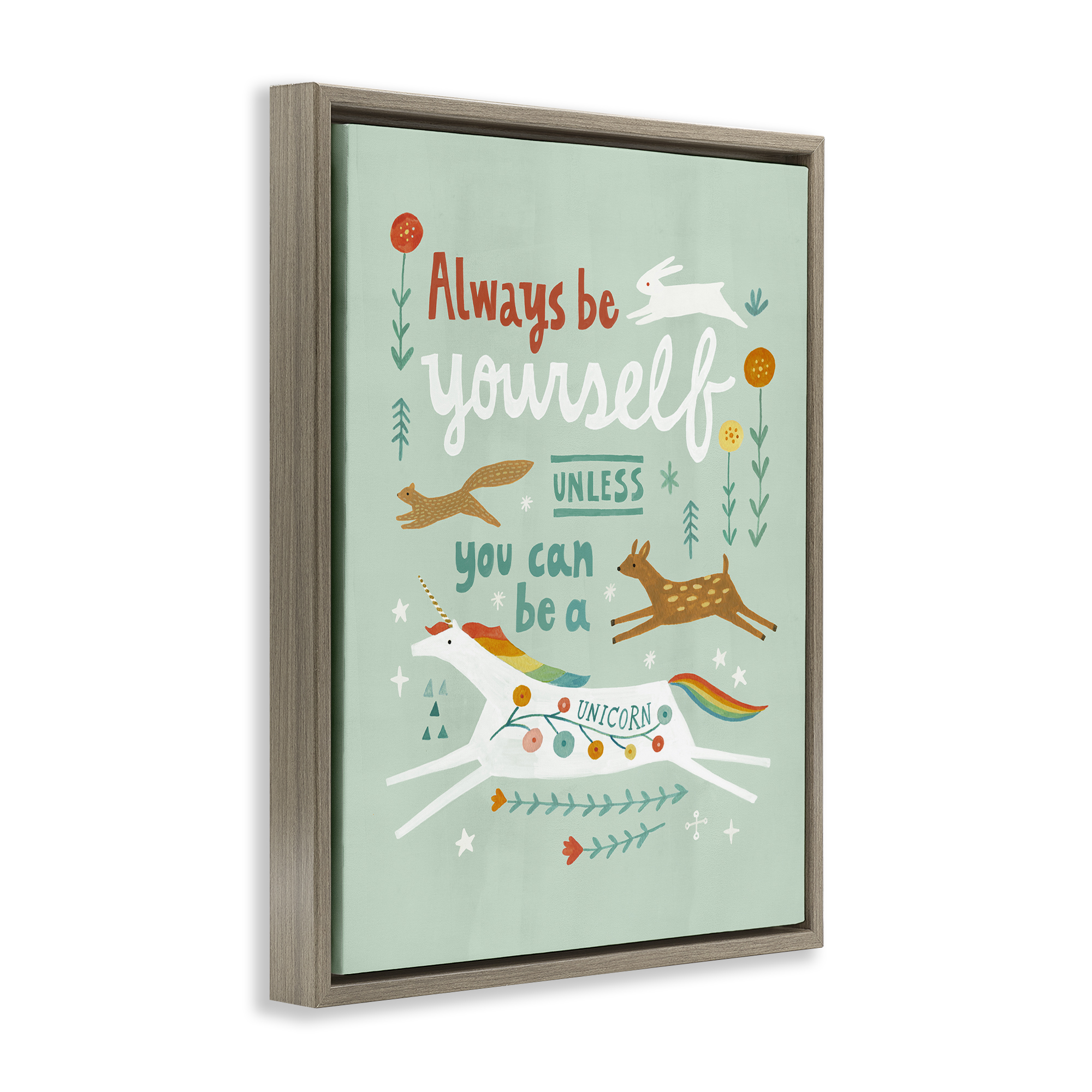 Stupell Industries Be A Unicorn with Wildlife Animals Painting Brown Floater Framed Canvas Art Print Wall Art, 25 x 31