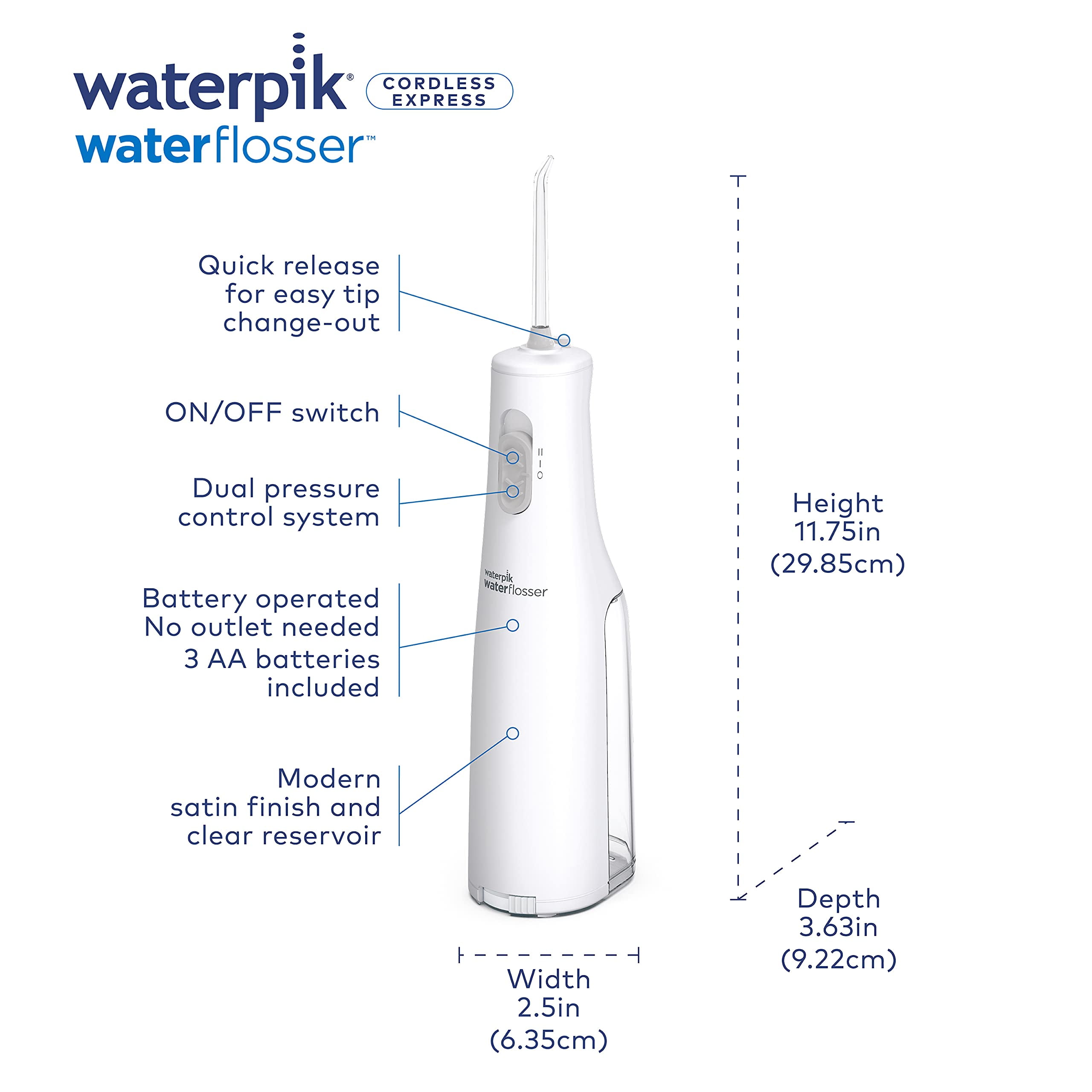 Waterpik Cordless Water Flosser, Battery Operated & Portable for Travel & Home, ADA Accepted Cordless Express, White WF-02