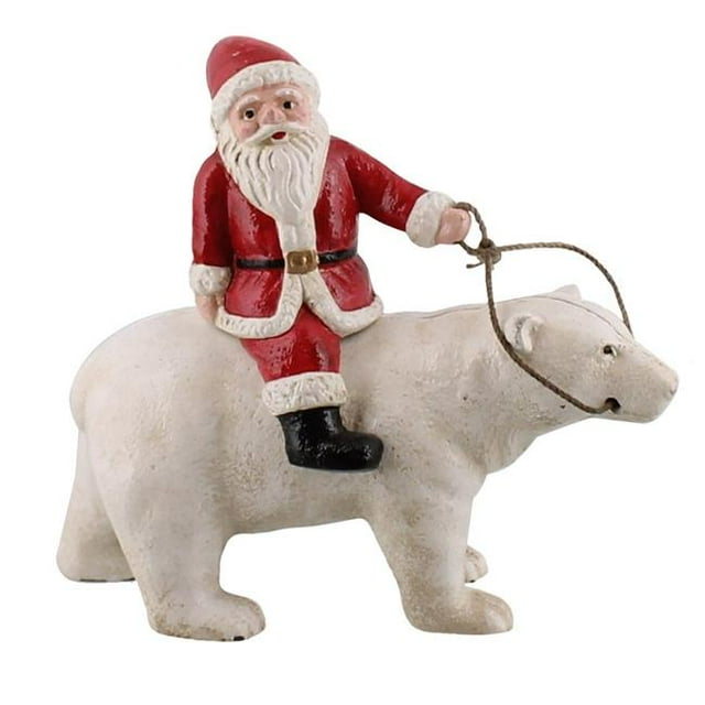 Benzara BM229299 Santa Riding Polar Bear Cast Iron Figurine, White & Red