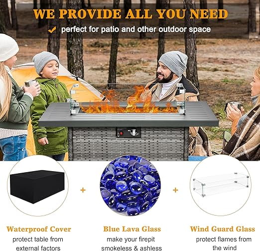 LayinSun 44" Propane Gas Fire Pit Table, 55000 BTU Rectangular Fire Pit with Glass Wind Guard for Outside Patio Deck Garden Backyard