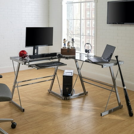 Modern Glass And Metal Smoke L Shaped Corner Computer Desk By