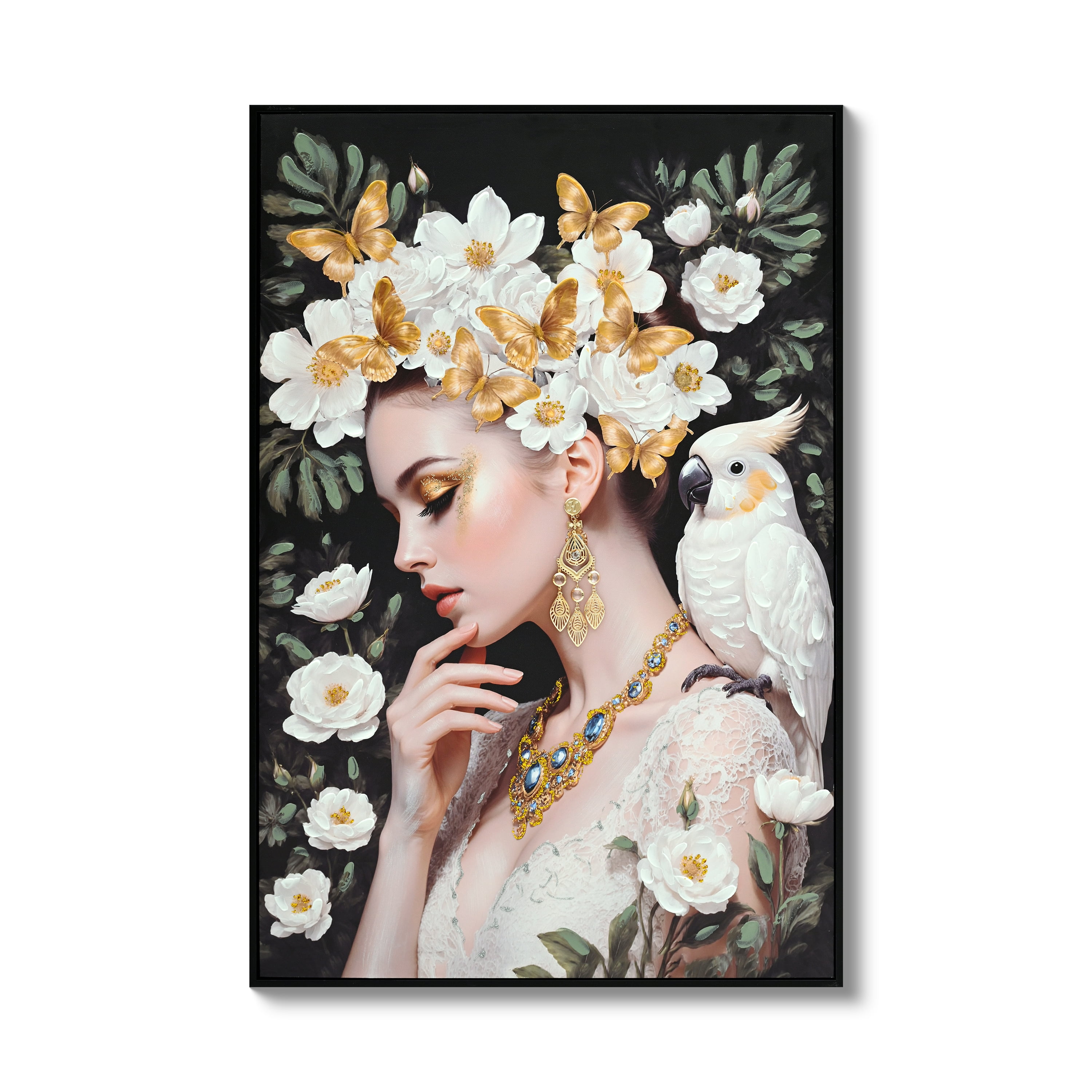 Euroco 24x36 Inch Beauty lady Canvas Wall Art,Gold and White Floral Wall Prints Wall Decor for Living Room,Bedroom