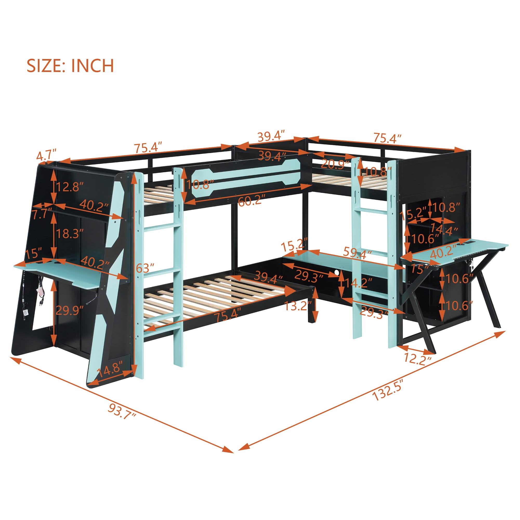 Mintazer L-Shaped Triple Twin Gaming Bunk Bed with 2 Gaming Desks & RGB LED Lights, Triple Bed Frame with USB Charging, TV Stand & Storage Shelves for Bedroom, Black & Green