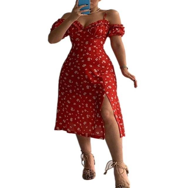 Women Floral Off Shoulder Deep V Neck Spaghetti Strap Casual Split Mid Length Beach Dress