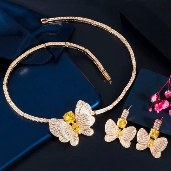 Lovely Yellow Baguette Butterfly CZ Stone Choker Jewelry Set for Brides Wedding