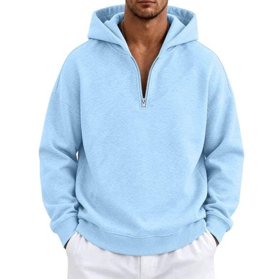 Quarter Zip Gym Hoodies for Men Midweight Half Zip Winter Sweatshirts for Men Long Sleeve Pullover Kangaroo Pocket Light Blue 3XL