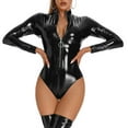 thumbnail image 3 of ZDHoor Womens Shiny PVC Leather Skin-Tight Long Sleeve Leotard Bodysuit Clubwear Party Dress Black-A M, 3 of 6