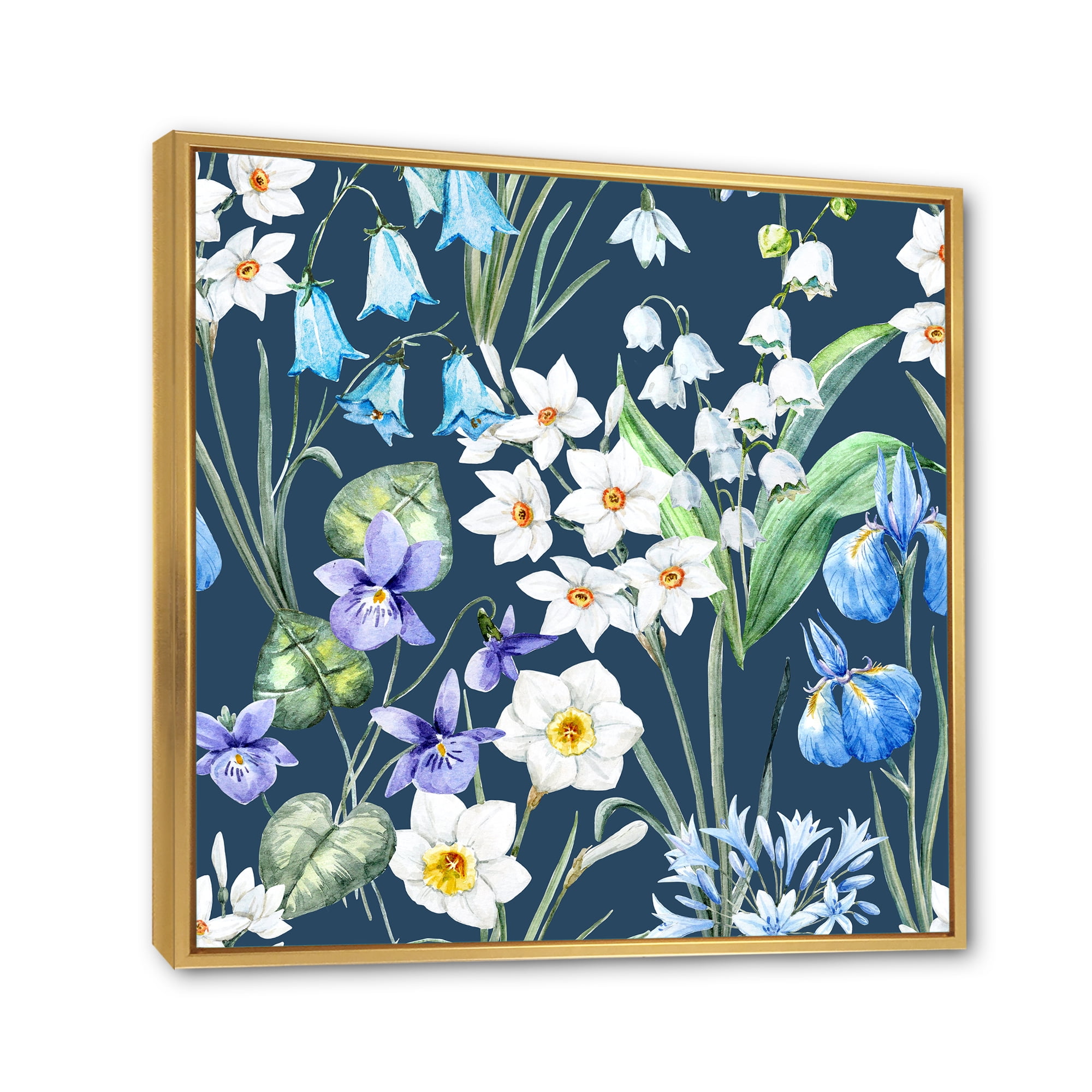 Designart 'Blue and White Spring Flowers On Dark Blue' Traditional Framed Canvas Wall Art Print