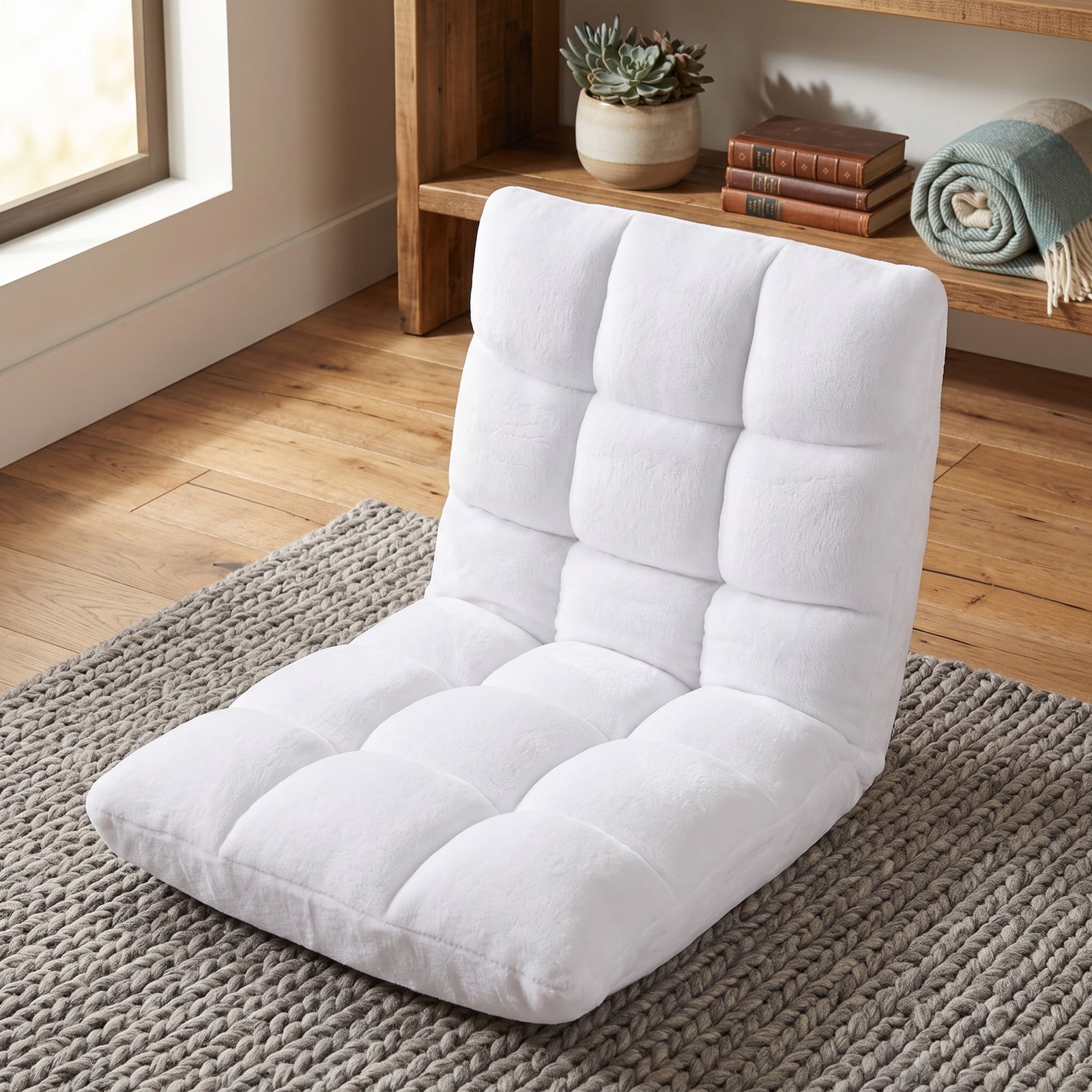 Furnibear 14-Position Adjustable Cushioned Floor Chair, Padded Folding Lazy Sofa Gaming Chair with Steel Frame Back Support for Living Room Bedroom Reading, White