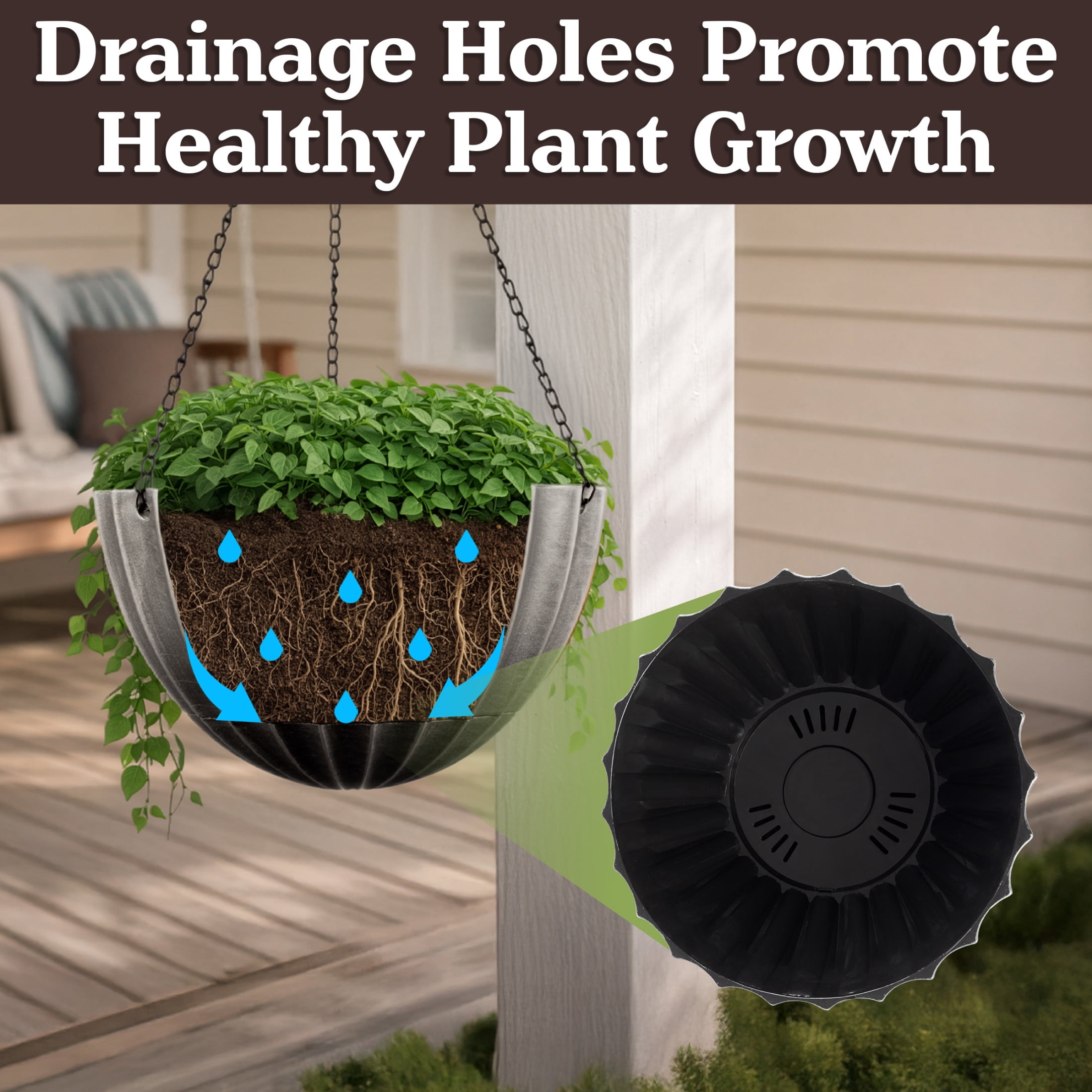 Pure Garden 12.5in Durable Plastic Hanging Planter 2-Pack with Drainage Reservoir, Gray