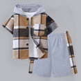 thumbnail image 2 of Gerichy Toddler Boys Summer Clothes Short Sleeve Plaid Hooded Shorts 2Pcs Set Size 2T-8T Soft Cotton Beach Park Casual Playwear,Khaki, 2 of 7