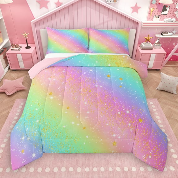 Manfei Rainbow Stripes Bedding Comforter Set,Gold Glitter Print Twin Comforter Sets,Multicolor Aesthetic Bedding Set For Girls Kids,Luxury Bedroom Decor Reversible,2-Piece