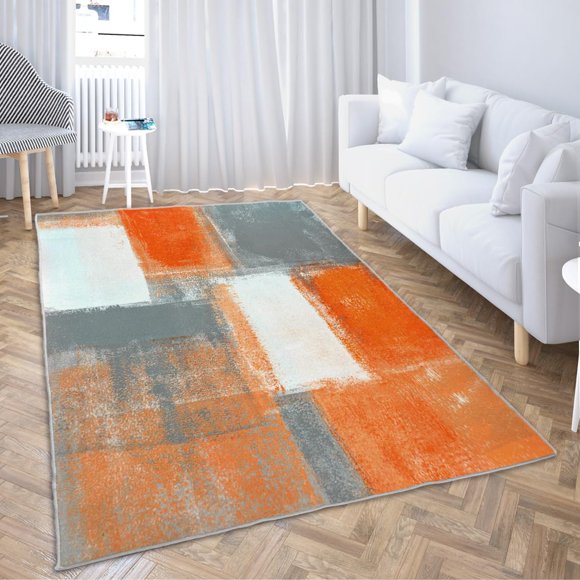LOKMU Tapis Antidérapants pour Aire Orange et Gris Blanc Art Abstrait Tapis de Décoration pour la Maison Tapis pour Salle de Classe Salon Chambre Salle à Manger Salle de Maternelle 3'x5'