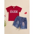 thumbnail image 2 of Suealasg Kids Boys 4th of July Outfit Summer Short Sleeve Letter Print T-Shirt +Elastic Waist Ripped Denim Shorts Toddler Boy Independence Day 2Pcs Clothes Set, 2 of 8