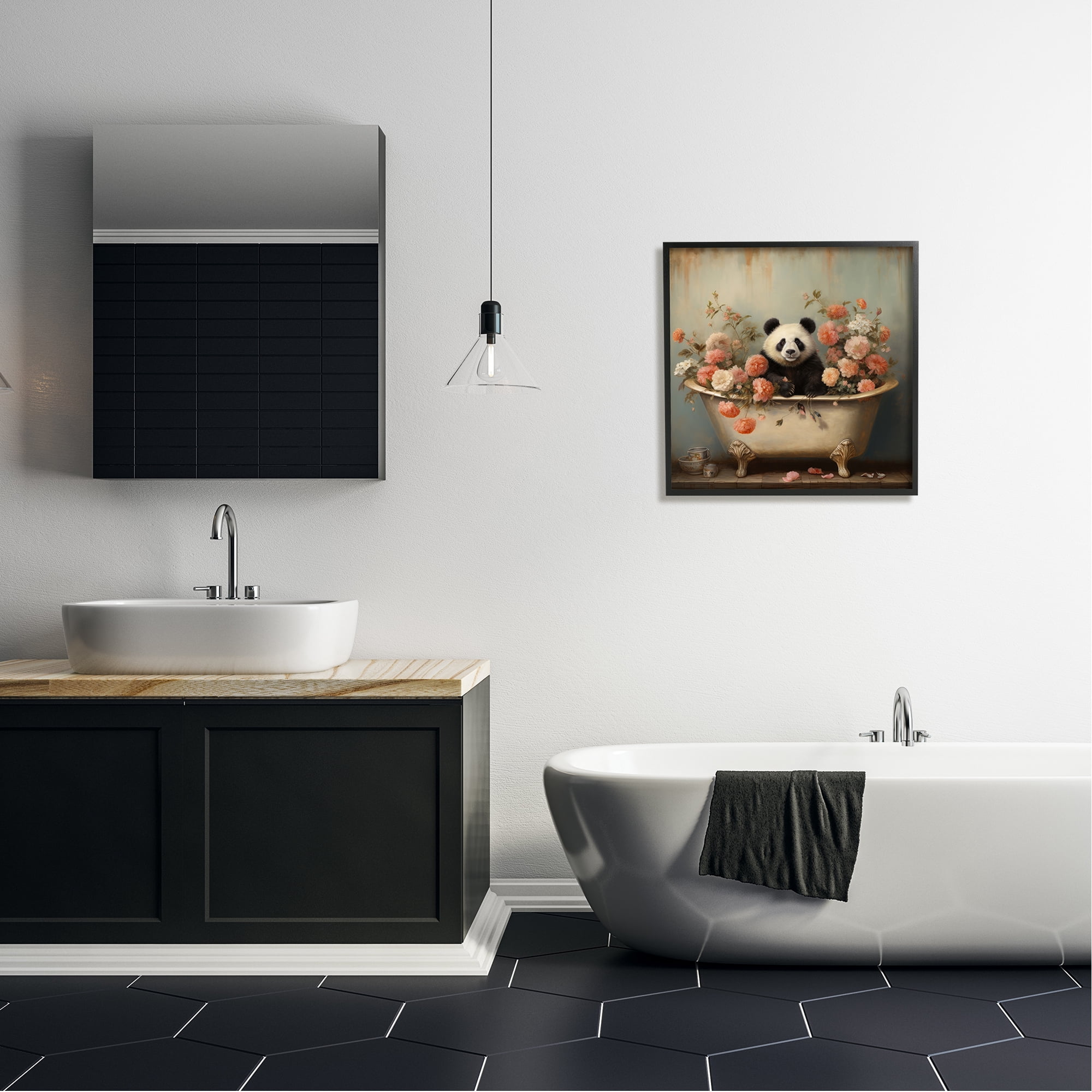 Stupell Industries Panda Bathtub & Blooms Animals & Insects Painting Black Framed Art Print Wall Art, 24 x 24