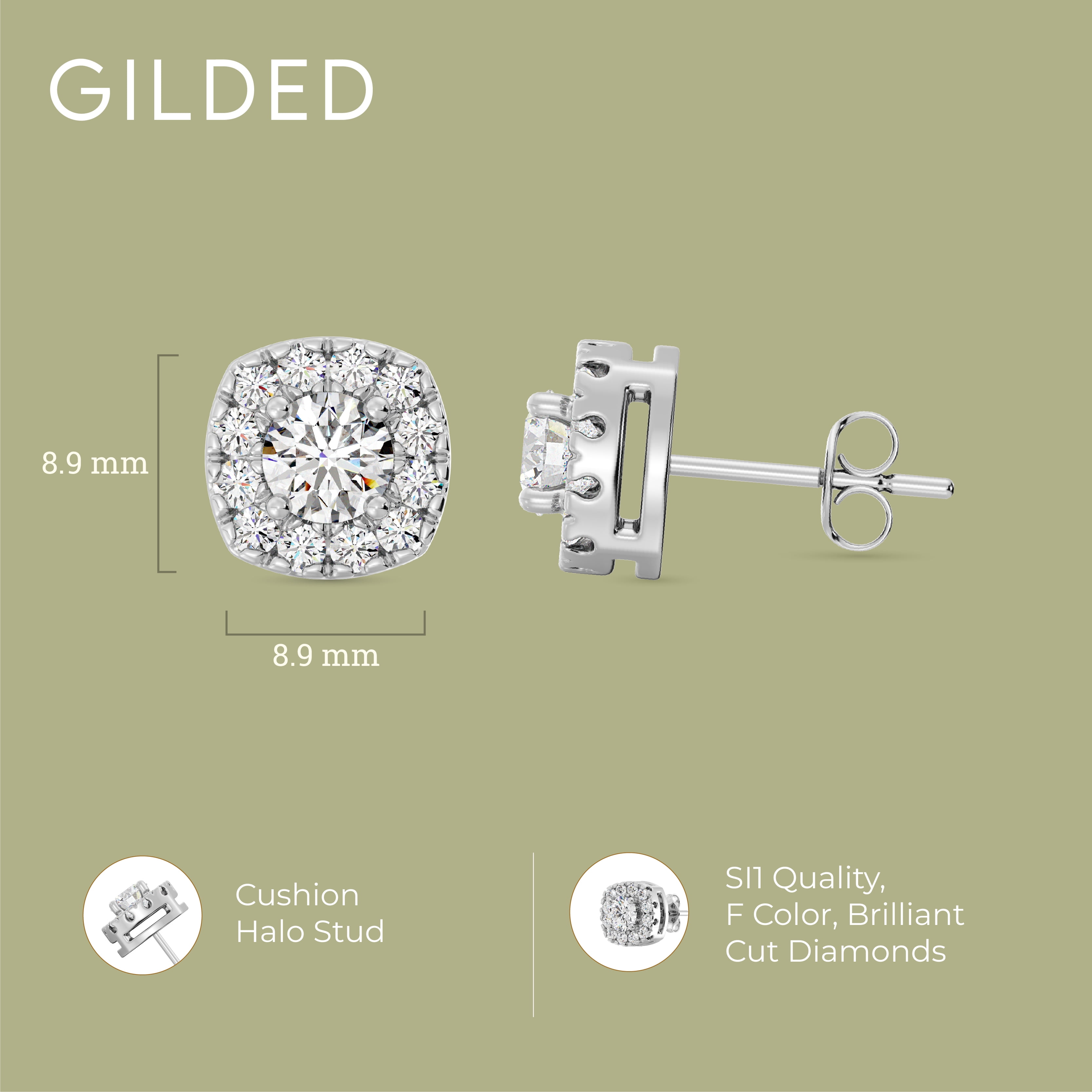 Gilded 1 Carat Total Weight Lab-Grown Diamond Stud Earrings for Women | 925 Sterling Silver | Cushion Halo Studs | Hypoallergenic Fine Jewelry | Prong Setting, Push Back Nut | SI1 Clarity, F Color