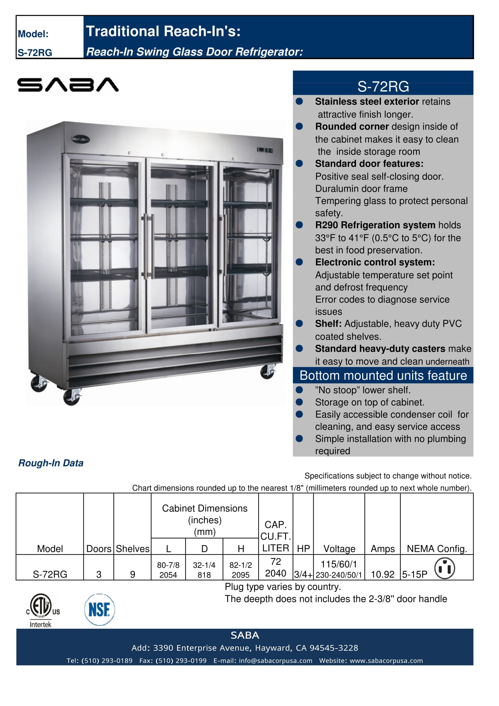 Heavy Duty Commercial 72 cu ft Stainless Steel Glass Door Reach-In Refrigerator (3 Door)