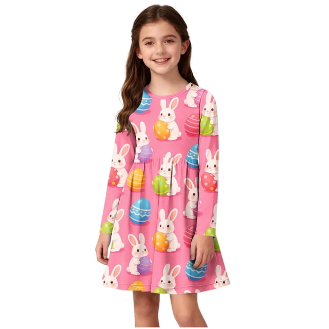 Robe à Manches Longues pour Filles, Robe Patineuse Tournoyante pour Enfants, Robe Décontractée Ligne A à Col Rond Extensible, Robe de Récital Scolaire pour Filles de 4 à 14 Ans