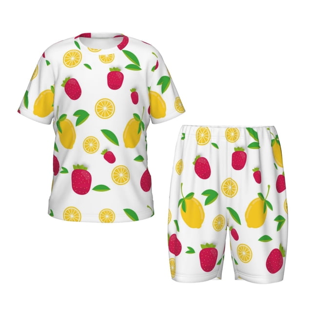 Balery Strawberry and Lemon Conjunto de Pijama Infantil de Manga Corta con Estampado – Ropa de Dormir de Algodón Suave-Medium