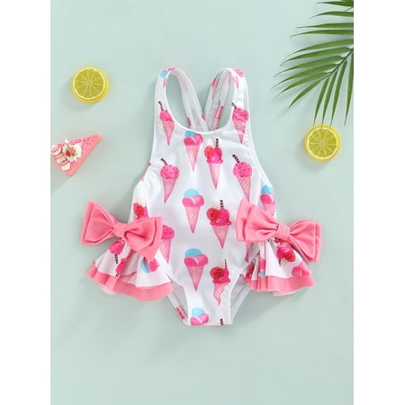 

Zervatek Kids Girls One-Piece Swimwear Sleeveless Doughnut/Ice Cream Printed Bowknot Ruffled Triangle Bathing Romper