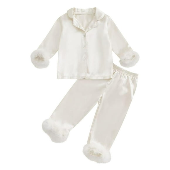 Odeerbi 2-14 Años Niñas Pluma Pijamas Entallado Solapa Manga Larga Camisa Pantalones Conjunto de Ropa de Dormir Impresa Suave Dos Piezas de Pijama