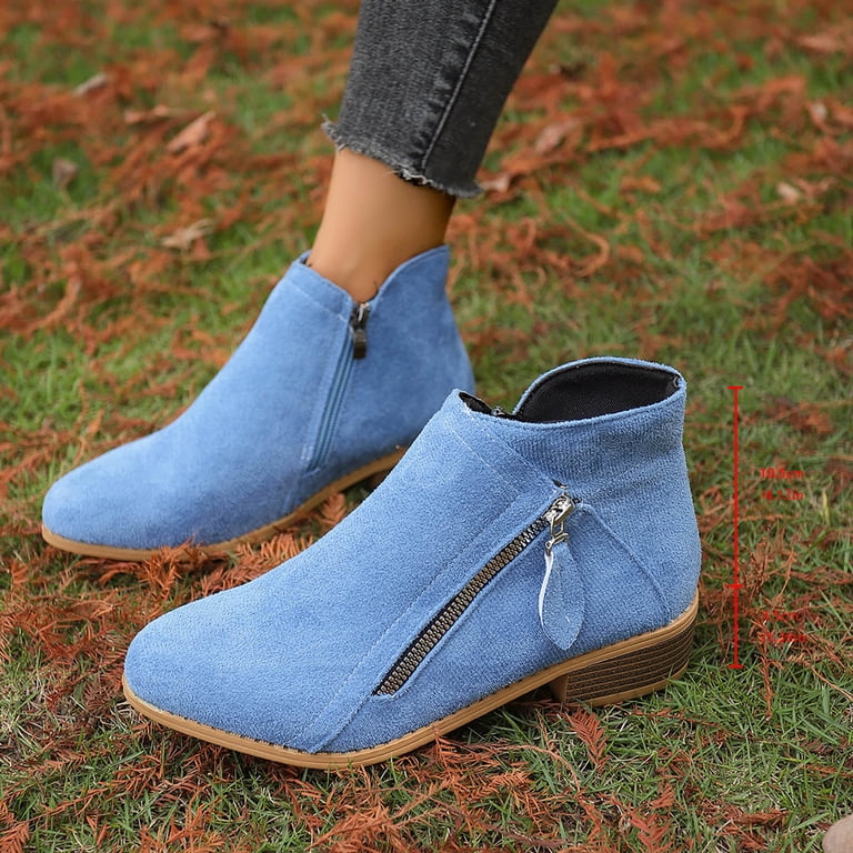 Women's Suede Ankle Boots Classic Low Chunky Heel Side Zipper Dress Booties Casual Short Fall Boots Blue