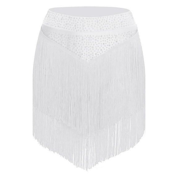 Doomiva Women's Rhinestones Tassels Dance Skirt Elastic Fringed Mini Skirts for Latin Jazz Dancewear White XL