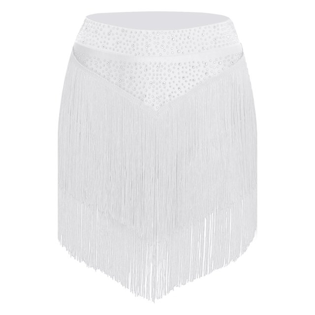 Ocealan Jupe à Franges Élastique Taille Femme Tango Latin Danse de Salon Salsa Robe de Danse Blanche G