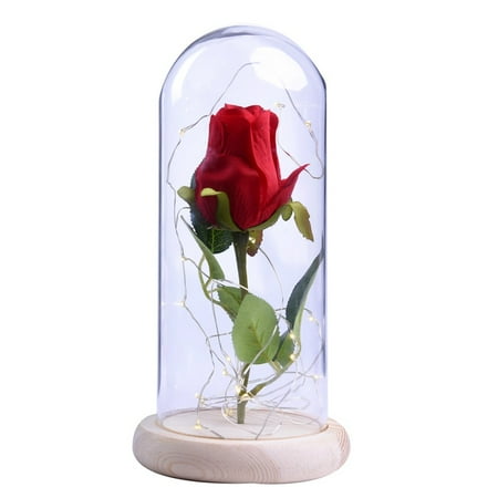 Anniversary Clock Glass Dome Led Red Rose Flower With Glass Dome and Wooden Base for Valentine's Gifts Wedding Anniversary Birthday ()