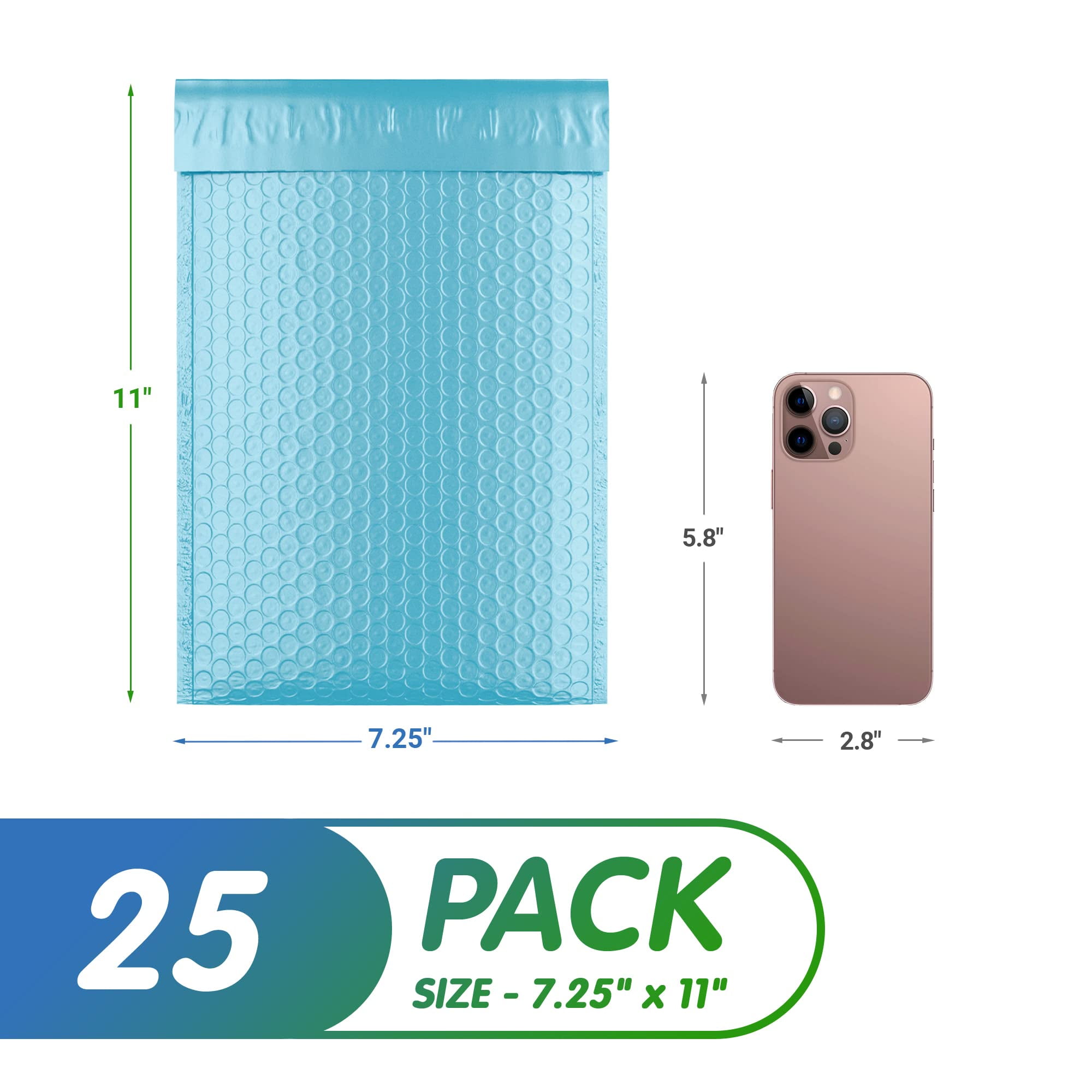 Light Blue Poly Bubble Mailers Self Seal, 7.25 x 11 Inch. 25 Pack Bubble Packaging Envelopes for Shipping. Durable Sealed Mailing Envelopes Bubble Padded. Waterproof Bubble Bags for Shipping