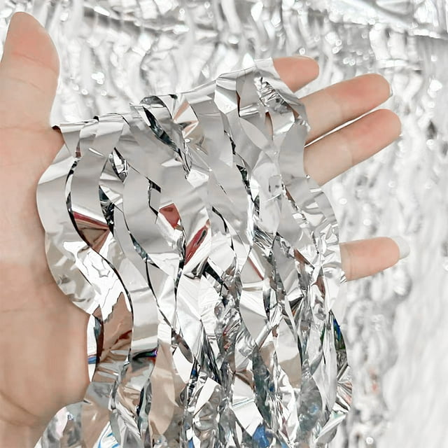 Nvzi Cortinas con flecos de papel de aluminio ondulado plateado metálico, paquete de 2, serpentinas de fiesta de 3,28 x 6,56 pies para decoraciones de fiesta de cumpleaños
