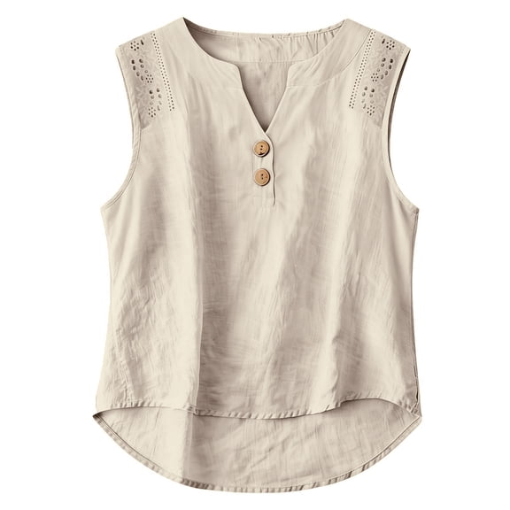 Dwellite Cotton Linen Tank Top for Women Lightweight V Neck Sleeveless Summer Shirts Loose Causal Eyelet Camisole 2026 Beige L