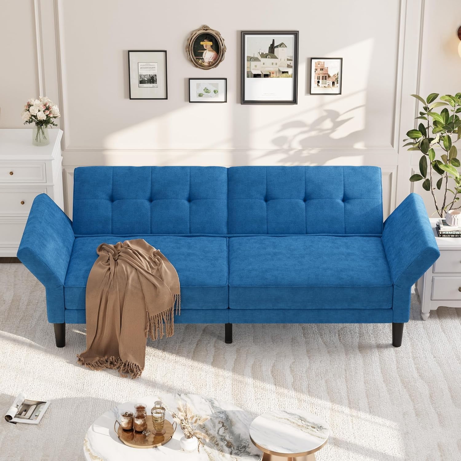 Luku 89" Convertible Futon Sofa Bed, Deep Seat Sleeper Couch with Adjustable Backrest & Armrests