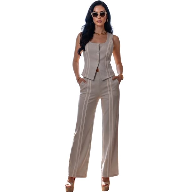 Conjunto de Mujer 2 Piezas Rayado Top de Tirantes y Pantalón Recto Set Fresco Casual