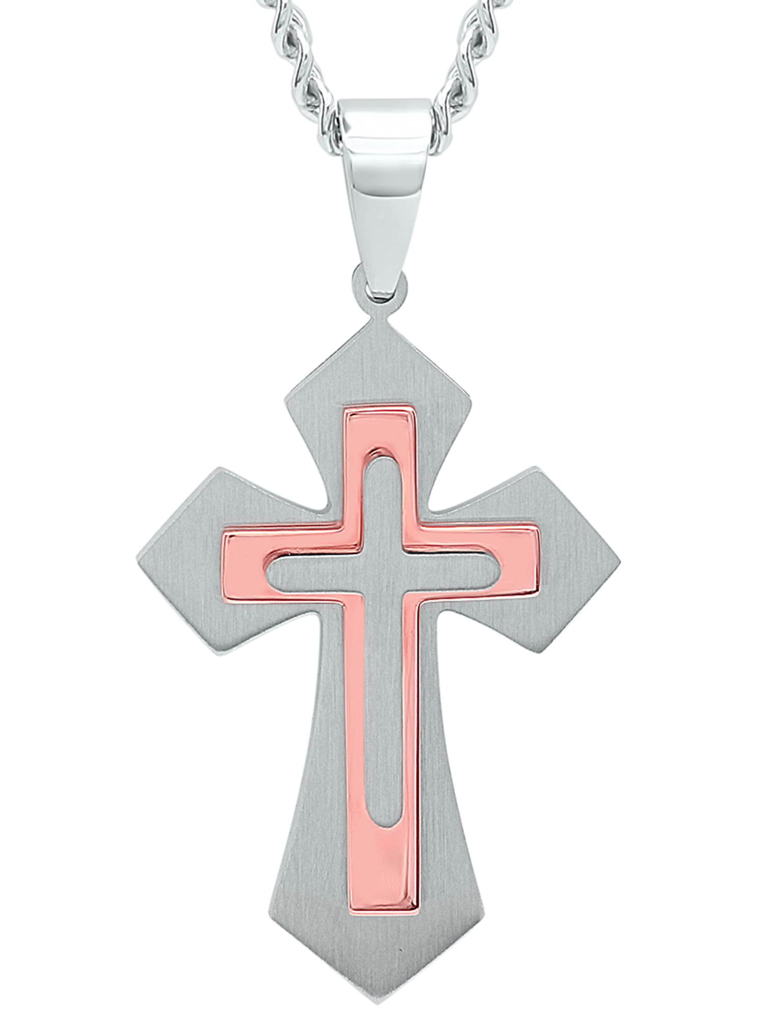 Men's Stainless Steel Rose GoldTone Stacked Cross Pendant with Curb
