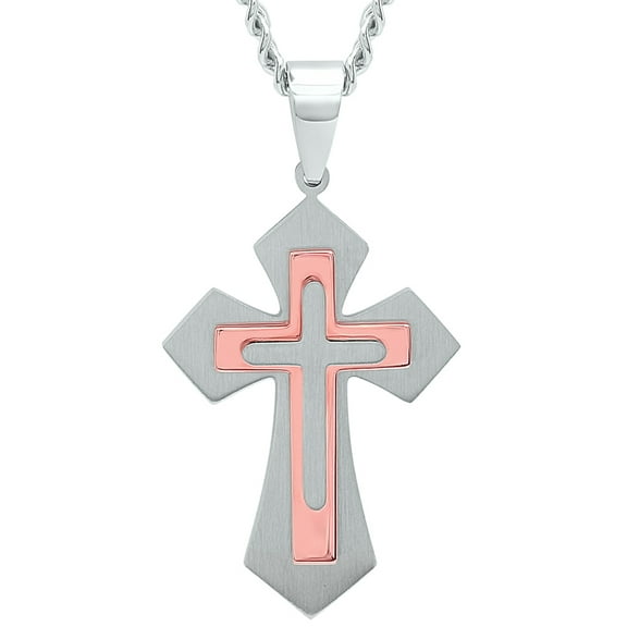 Men's Stainless Steel Rose Gold-Tone Stacked Cross Pendant with Curb Chain - Mens Necklace, 24"