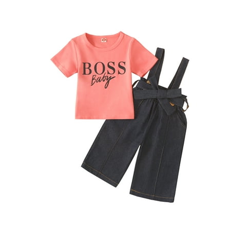 

Suanret Toddler Infants Girl 2Pcs Summer Outfits Short Sleeve Letter T-Shirt Denim Bib Overalls Set Dark Blue 3-4 Years